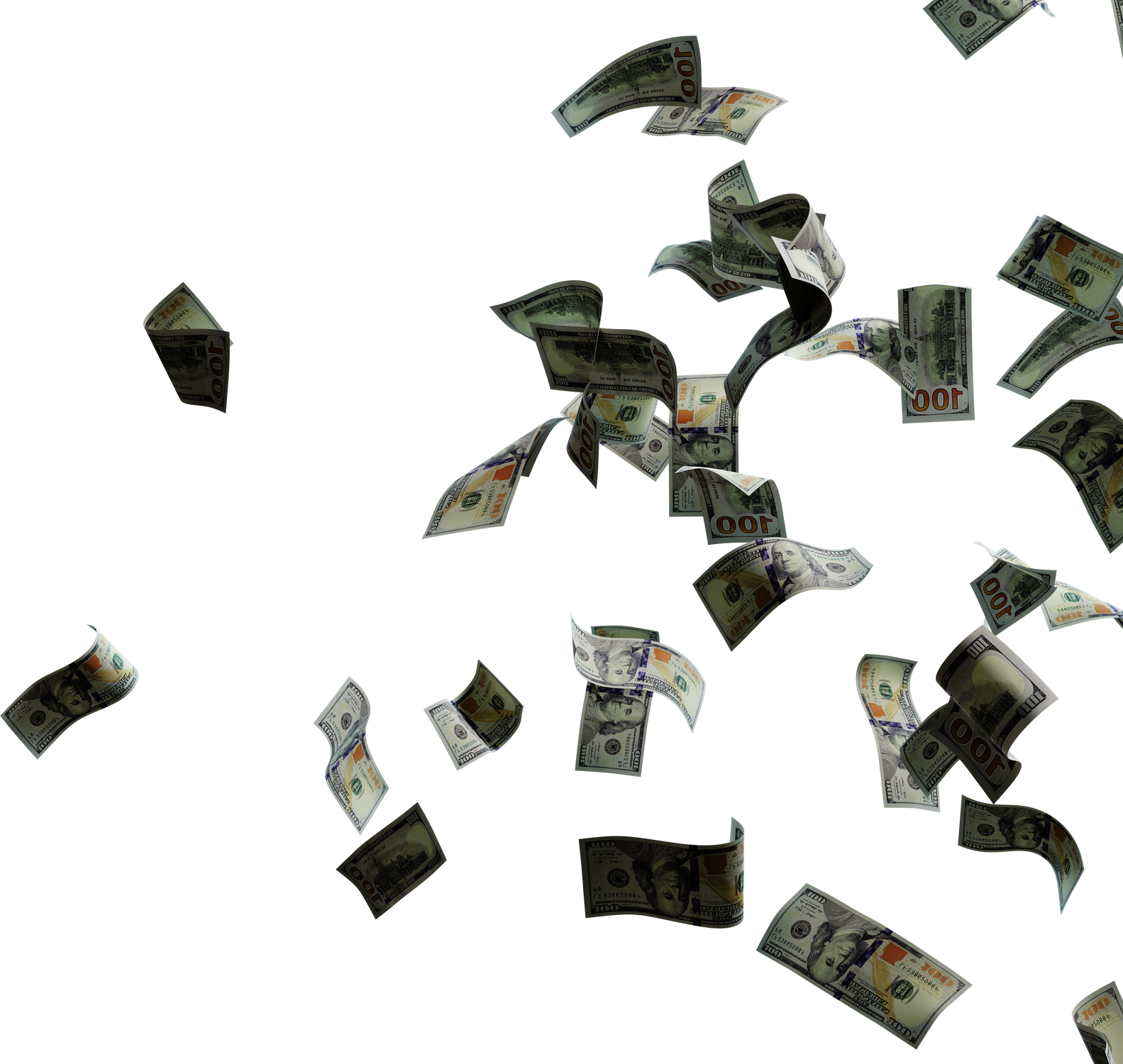 Money rain, dollar banknotes fly. Isolated on transparent background